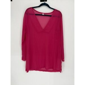 Tropical Escape Pink Swimsuit Cover Up V-neckline Tunic Shirt Womens Size Medium